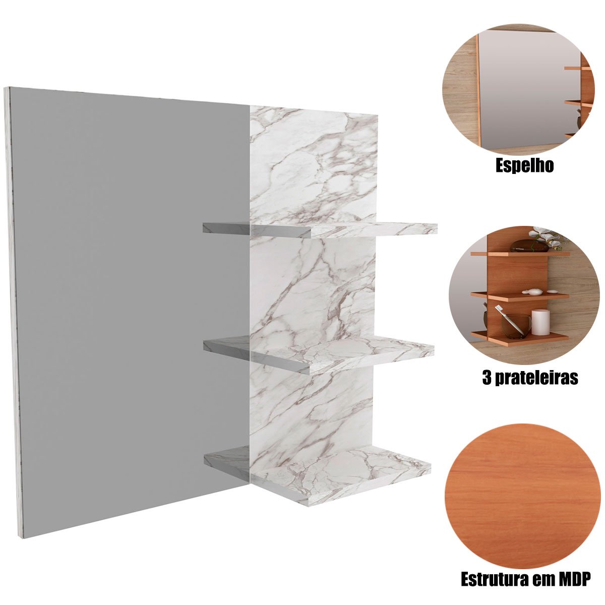 Espelheira para Banheiro 60 cm 3 Prateleiras Romana Mármore Branco