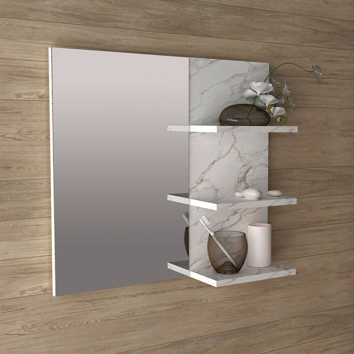 Espelheira para Banheiro 60 cm 3 Prateleiras Romana Mármore Branco
