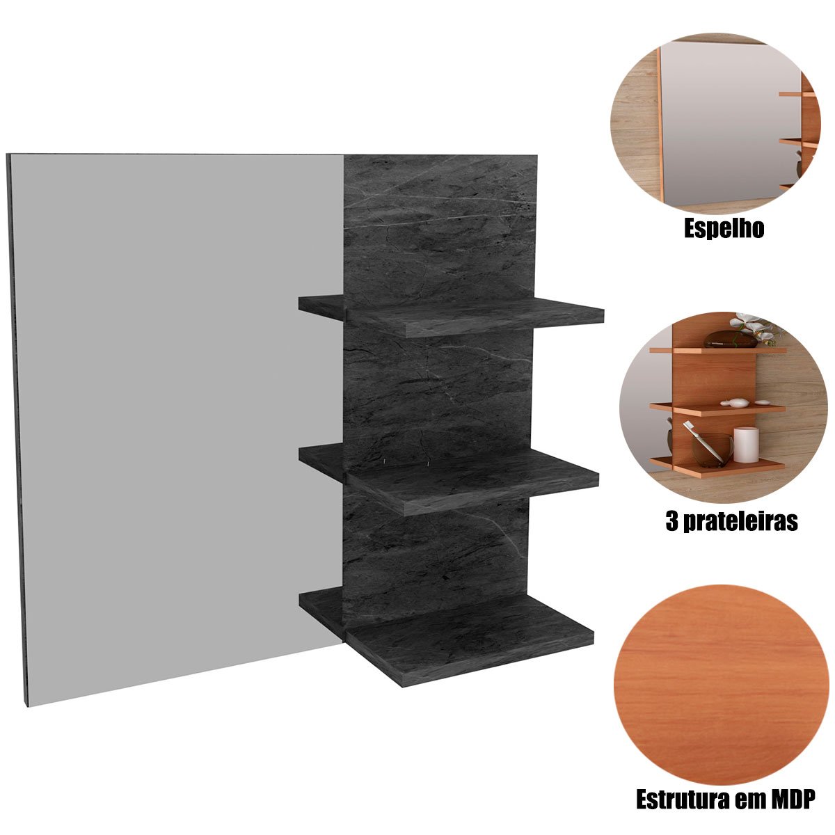 Espelheira para Banheiro 60 cm 3 Prateleiras Romana Mármore Lunar