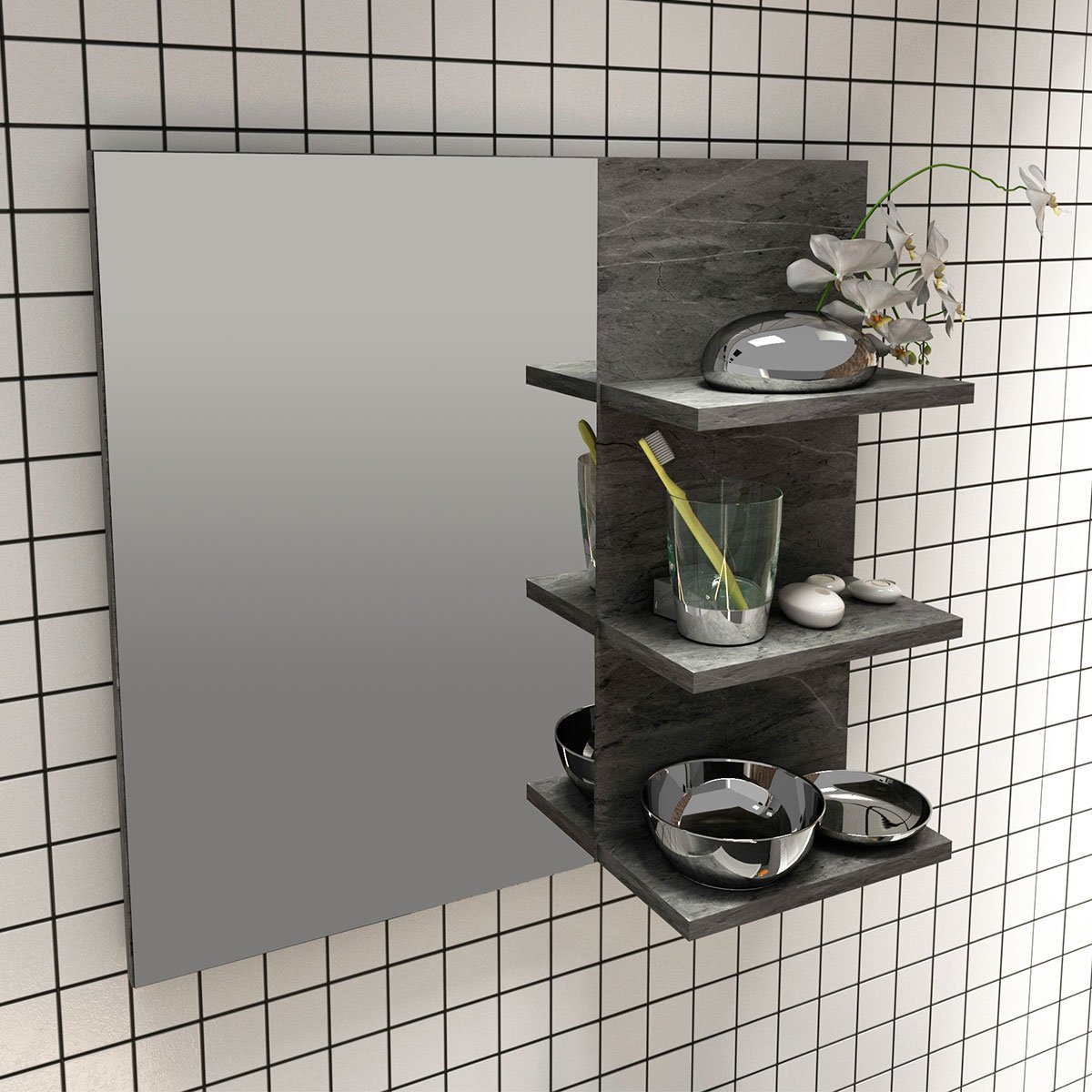 Espelheira para Banheiro 60 cm 3 Prateleiras Romana Mármore Lunar