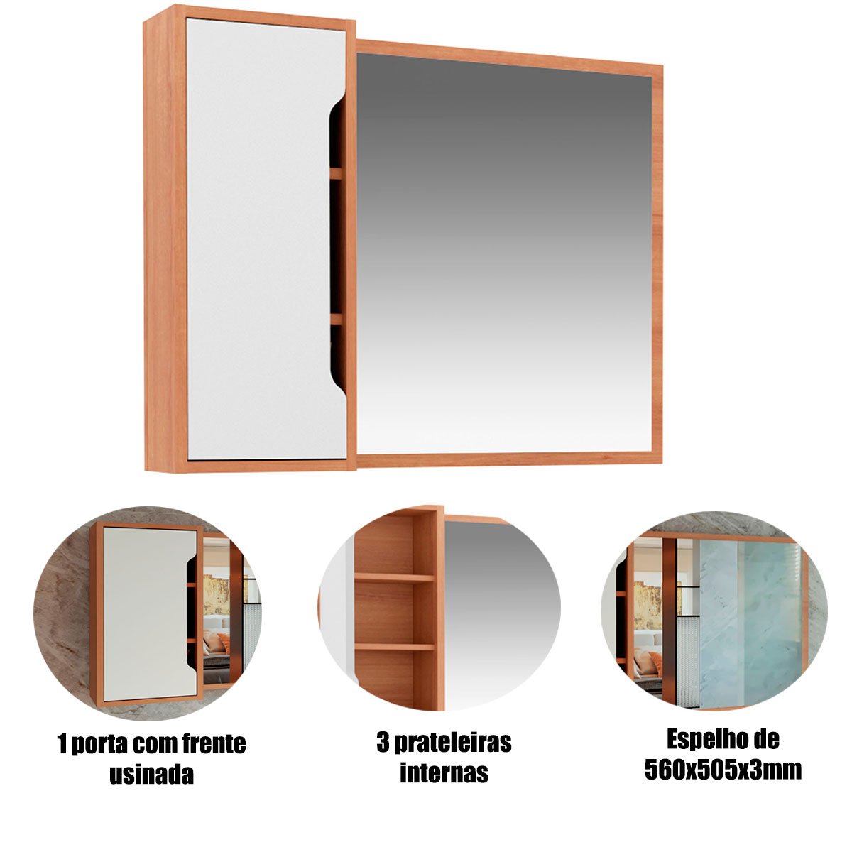 Espelheira para Banheiro 80 cm com 1 Porta Amêndoa/Branco