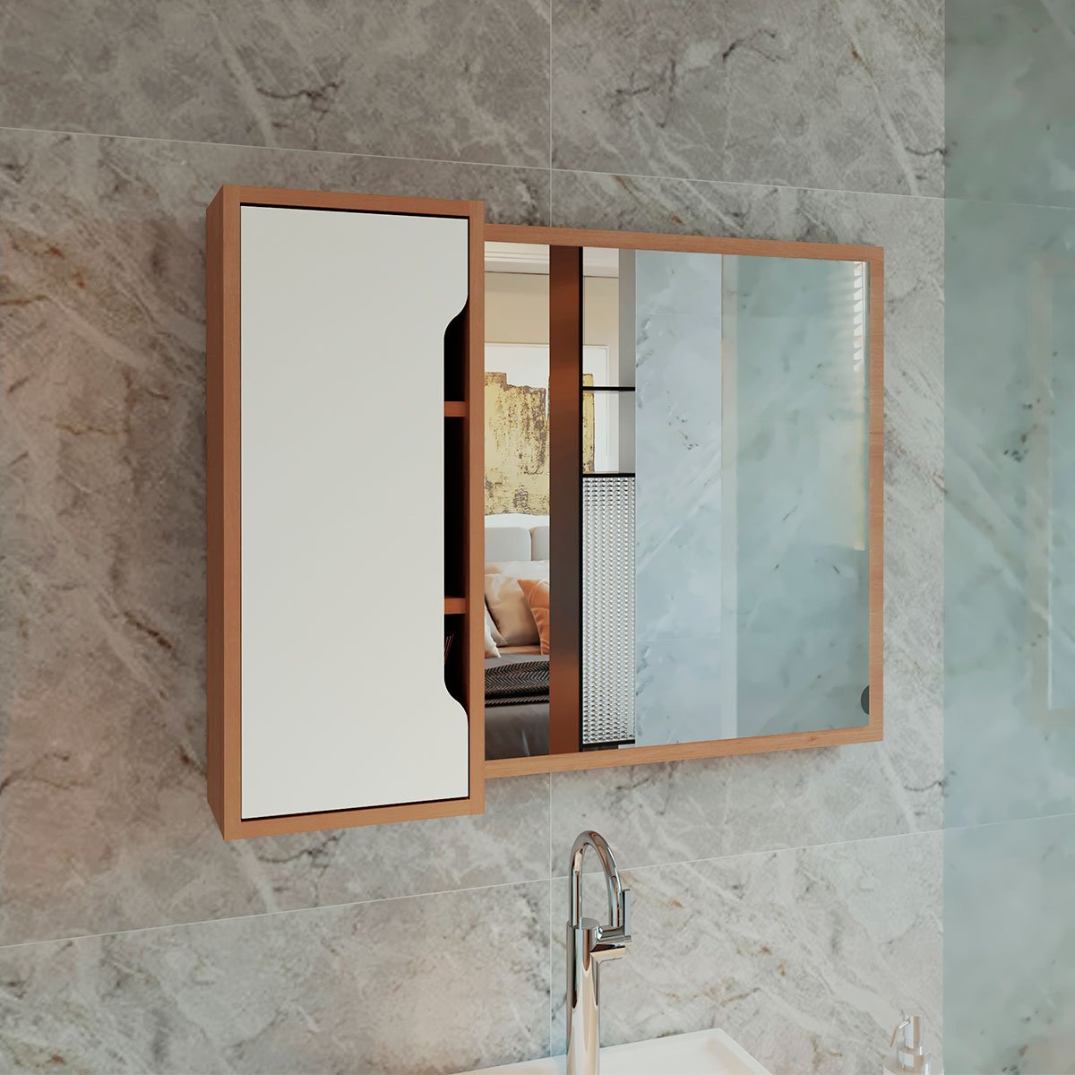 Espelheira para Banheiro 80 cm com 1 Porta Amêndoa/Branco