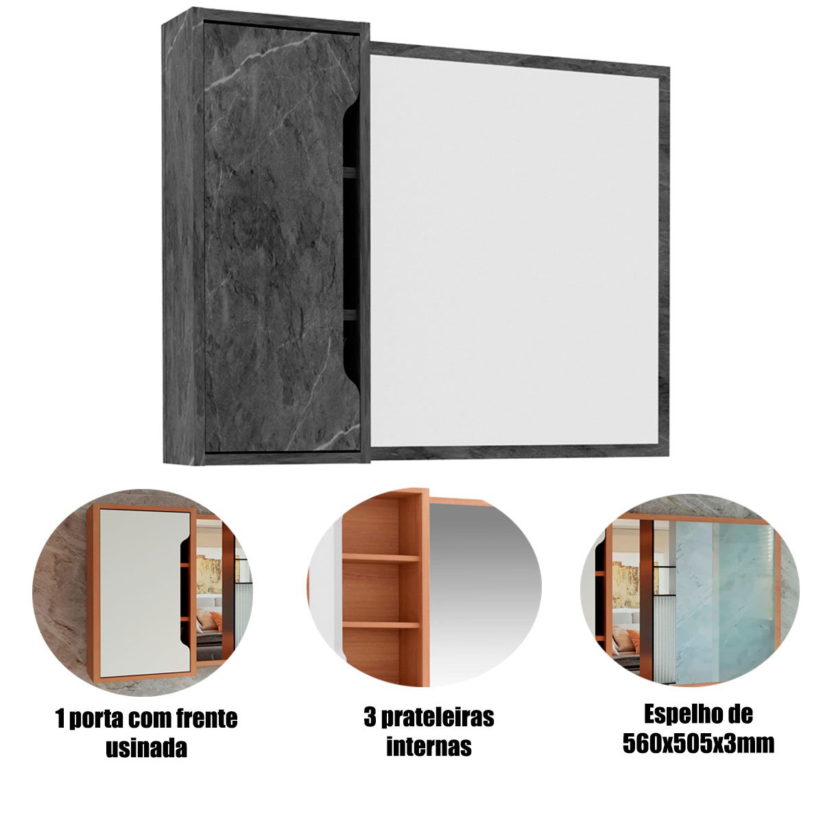 Espelheira para Banheiro 80 cm com 1 Porta Mármore Lunar
