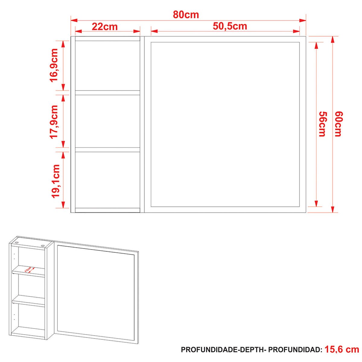 Espelheira para Banheiro 80 cm com 1 Porta Mármore Lunar