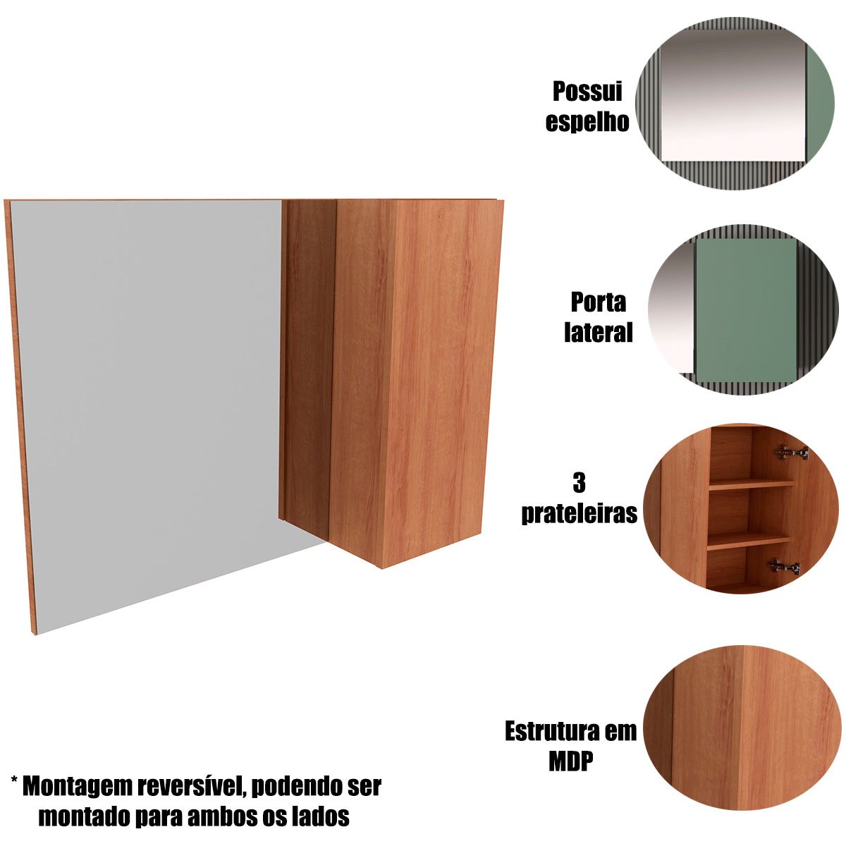 Espelheira para Banheiro 80 cm com 1 Porta Marina Amêndoa