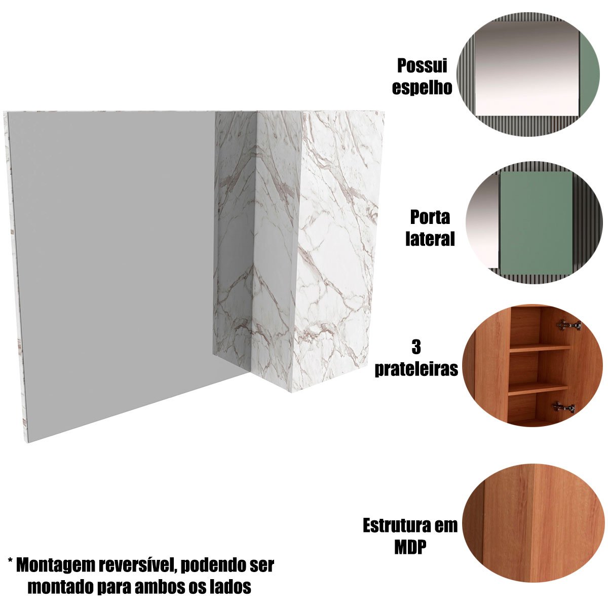 Espelheira para Banheiro 80 cm com 1 Porta Marina Mármore Branco