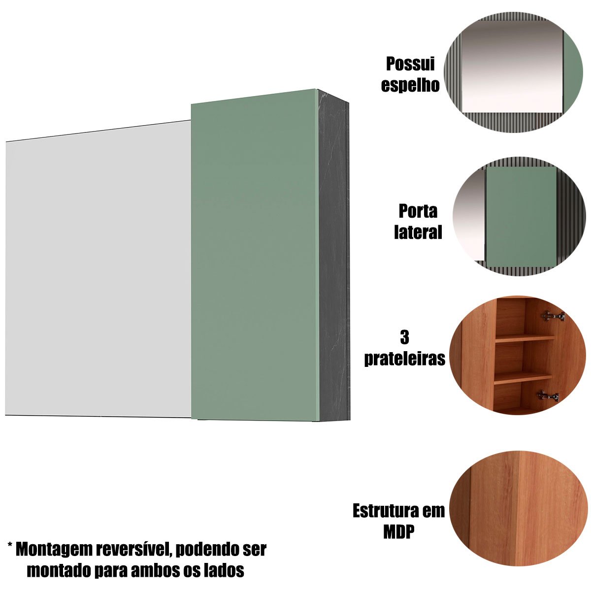 Espelheira para Banheiro 80 cm com 1 Porta Marina Mármore Lunar/Verde Mar