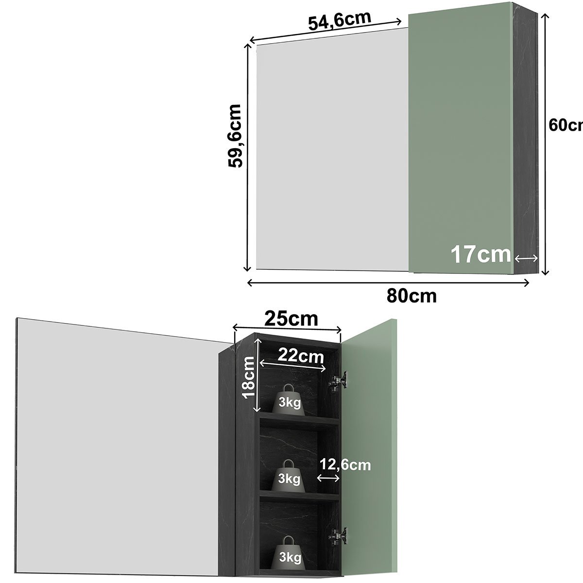 Espelheira para Banheiro 80 cm com 1 Porta Marina Mármore Lunar/Verde Mar