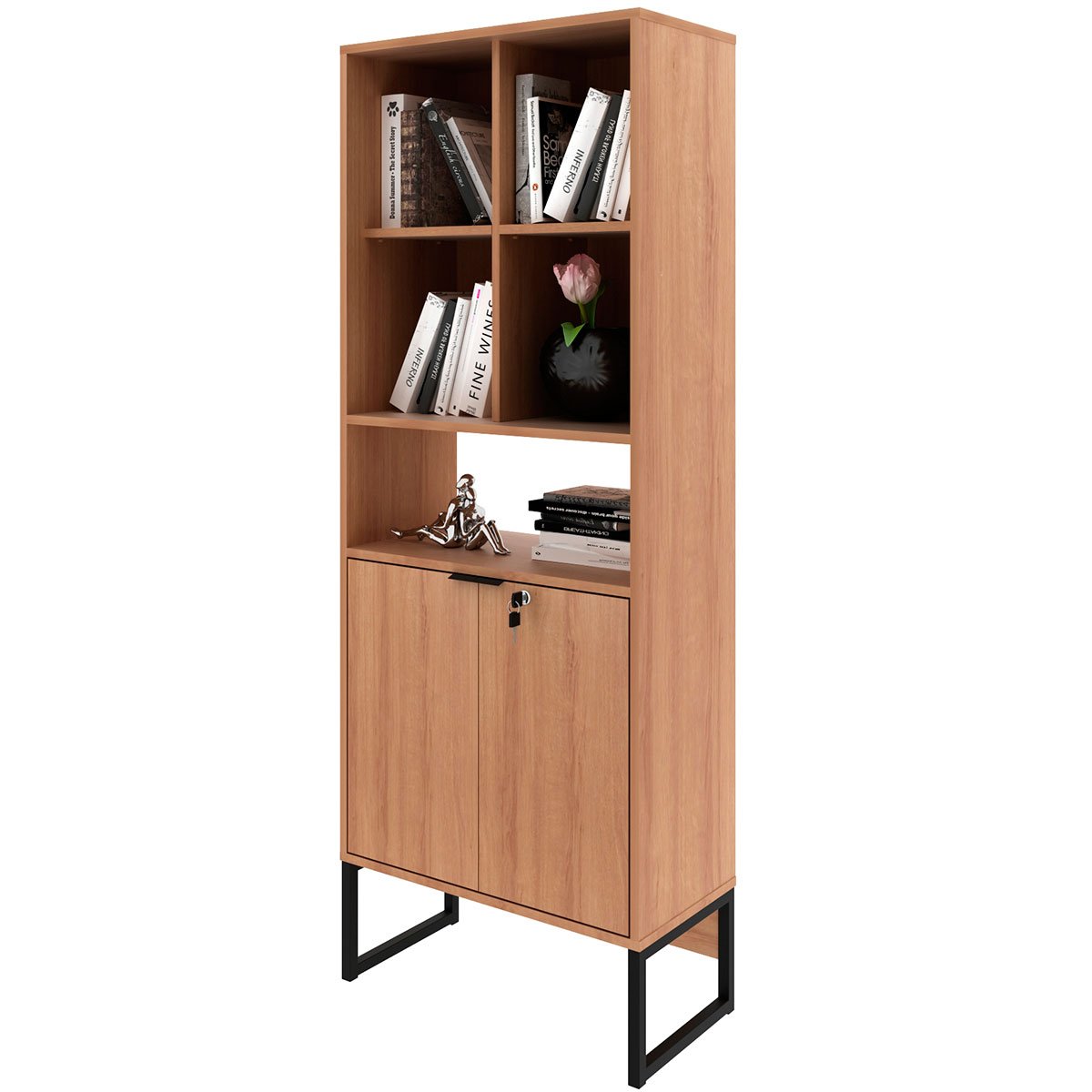 Estante Armário Alta Livreiro Multiuso Office 2 Portas Amêndoa/Preto