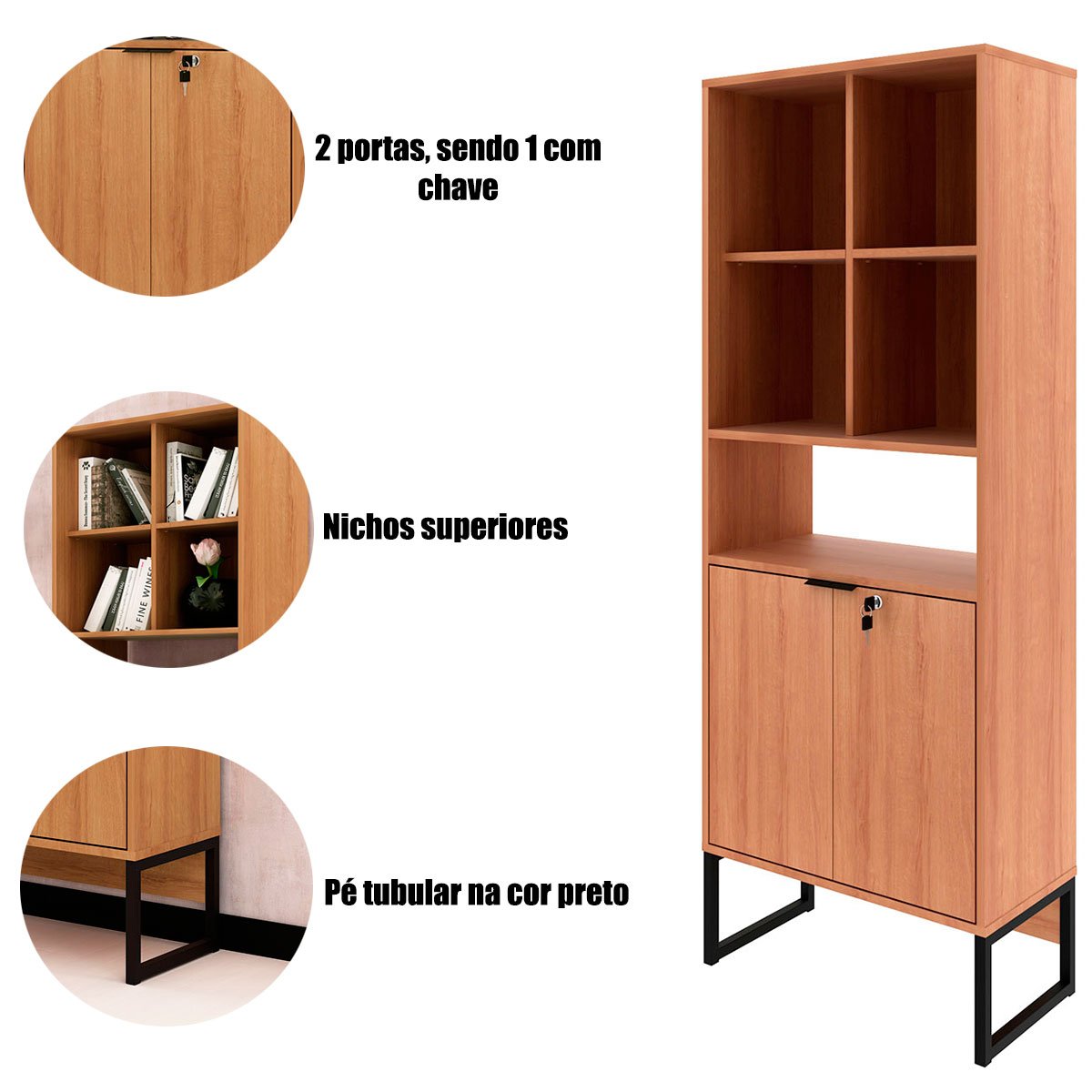 Estante Armário Alta Livreiro Multiuso Office 2 Portas Amêndoa/Preto