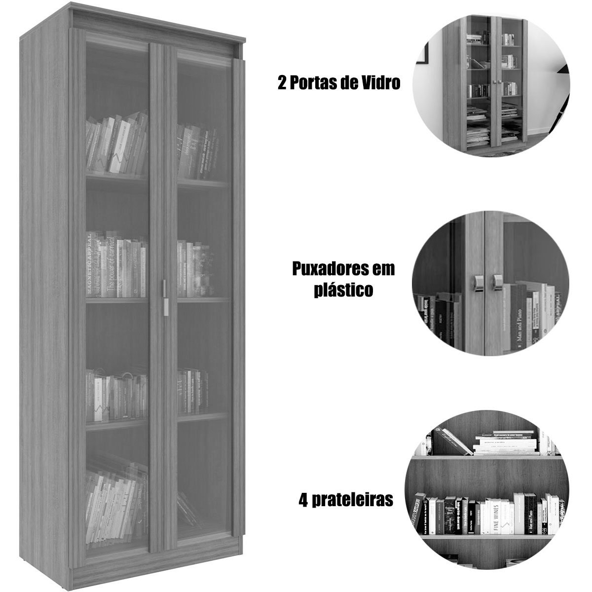 Estante Armário Alta Livreiro Multiuso Office 2 Portas Vidro Amêndoa
