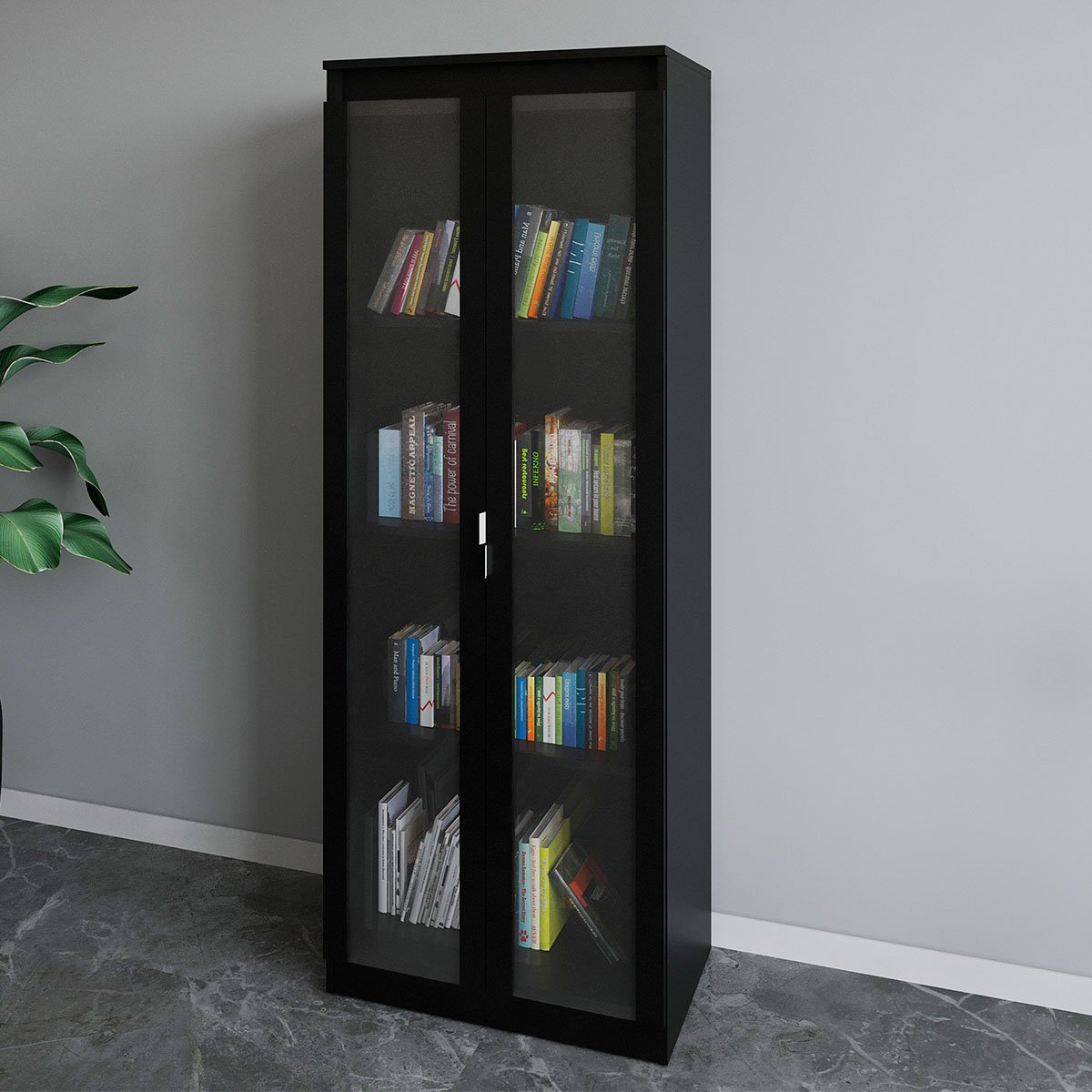 Estante Armário Alta Livreiro Multiuso Office 2 Portas Vidro Preto