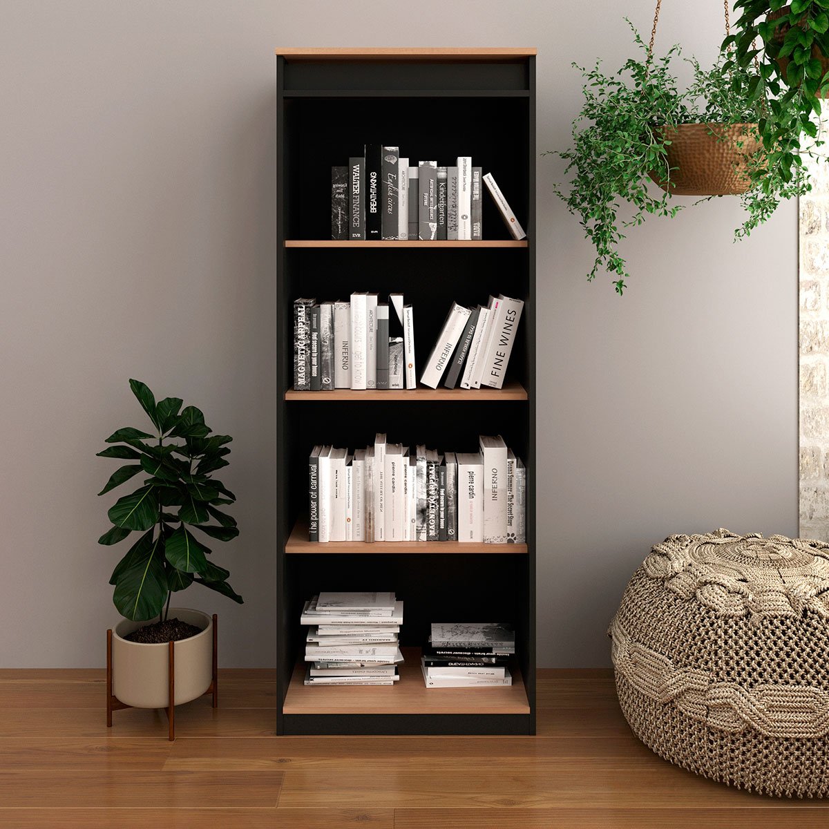 Estante Armário Alta Livreiro Multiuso Office 4 Prateleiras Amêndoa/Preto