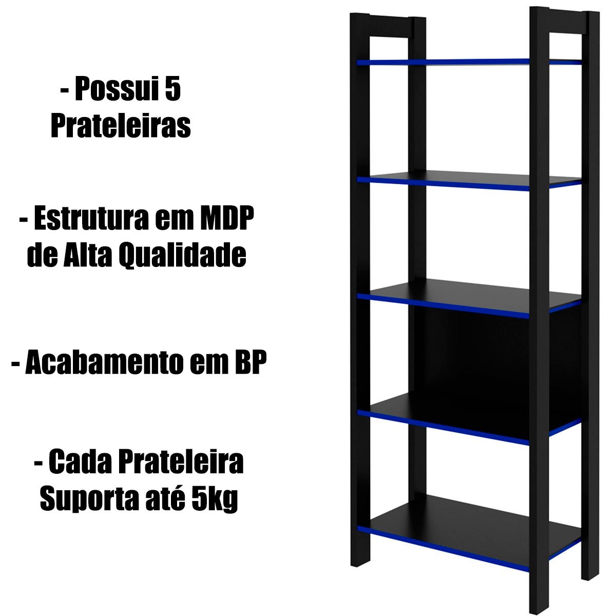 Estante Multiuso Gamer Livreiro Office 5 Prateleiras Preto/Azul