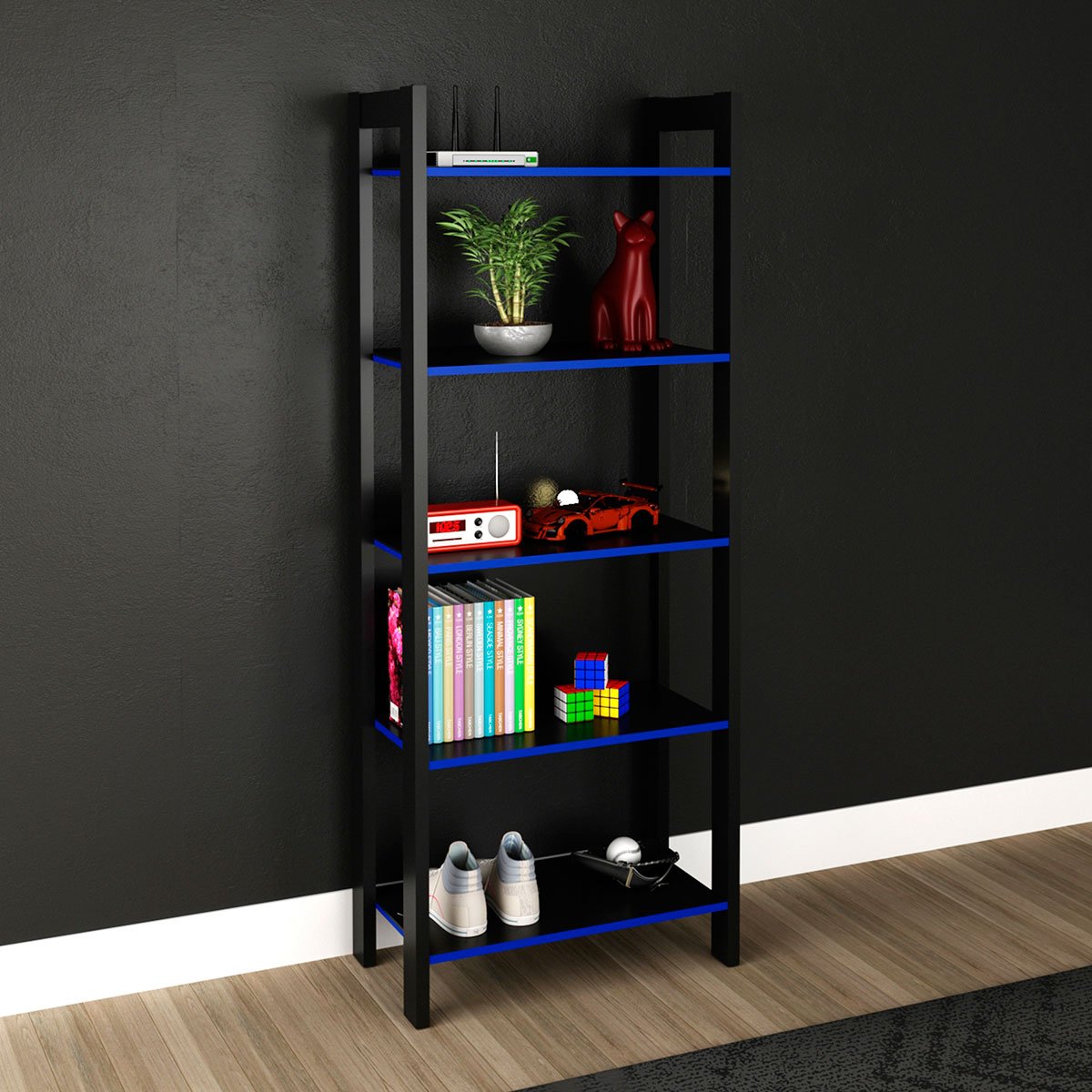 Estante Multiuso Gamer Livreiro Office 5 Prateleiras Preto/Azul