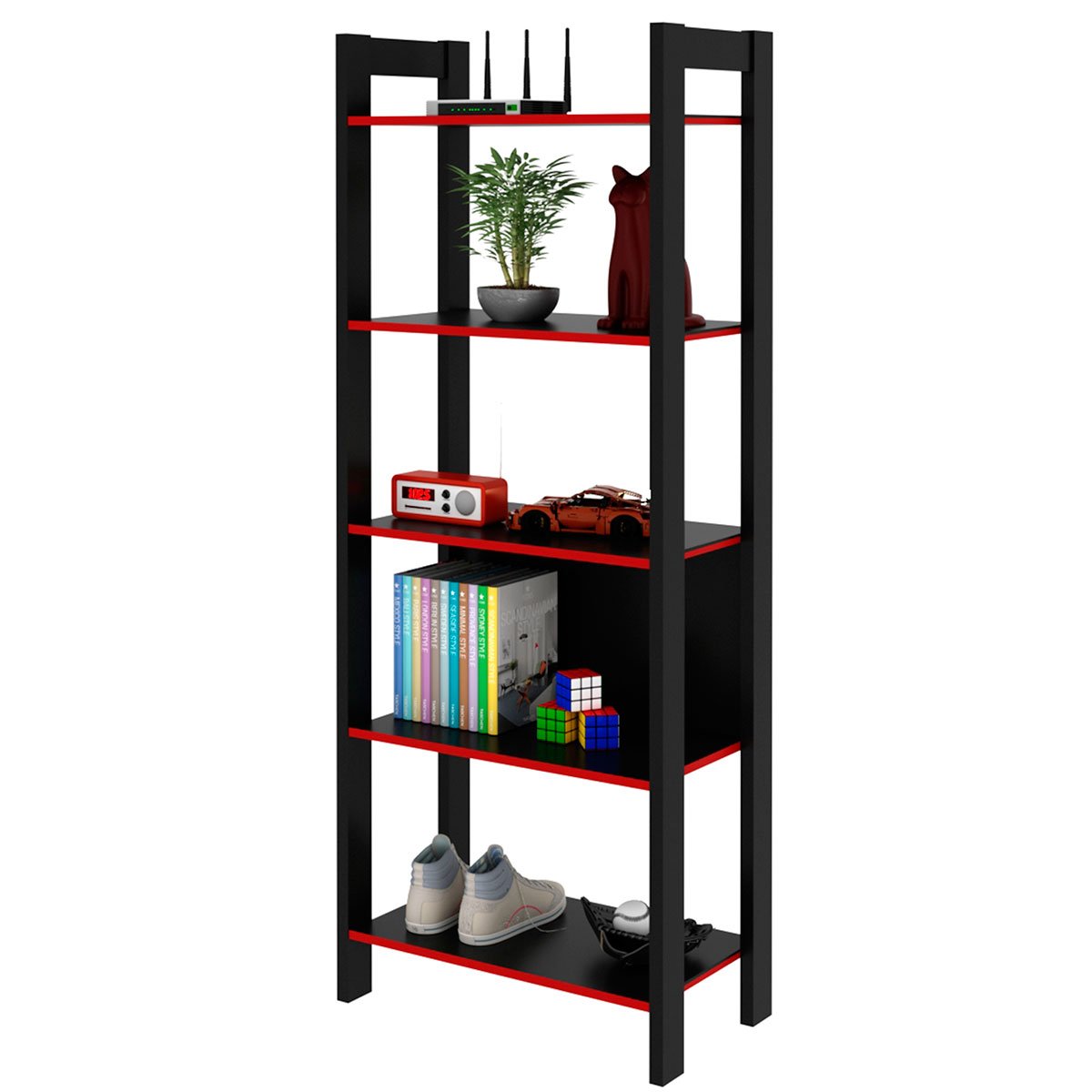 Estante Multiuso Gamer Livreiro Office 5 Prateleiras Preto/Vermelho