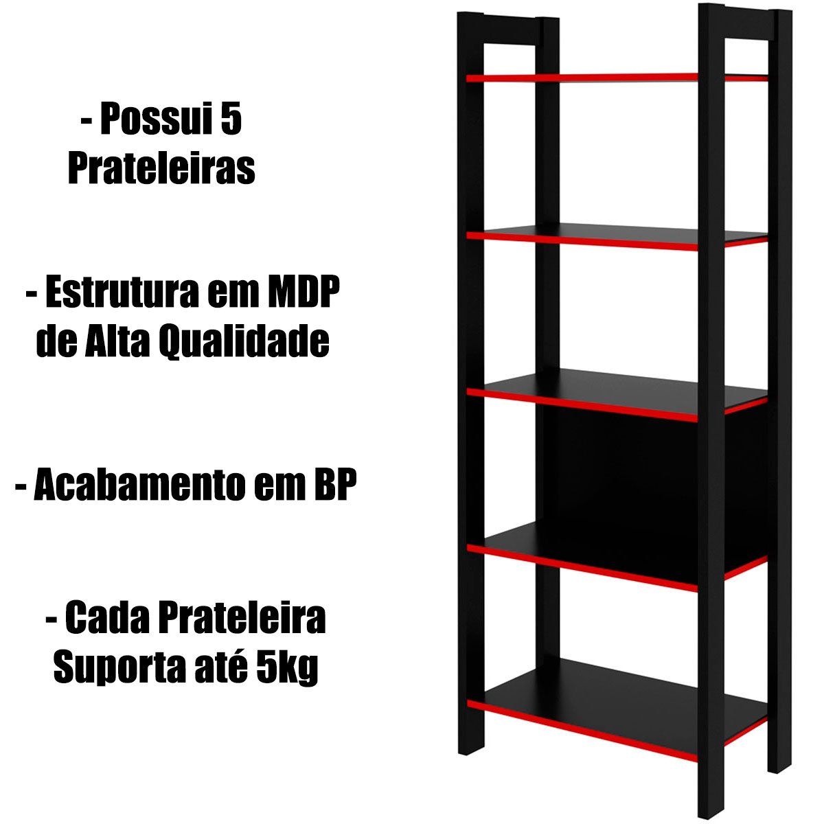 Estante Multiuso Gamer Livreiro Office 5 Prateleiras Preto/Vermelho
