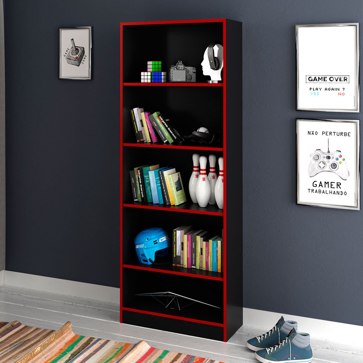 Estante Multiuso Gamer Livreiro Office 5 Prateleiras Preto/Vermelho