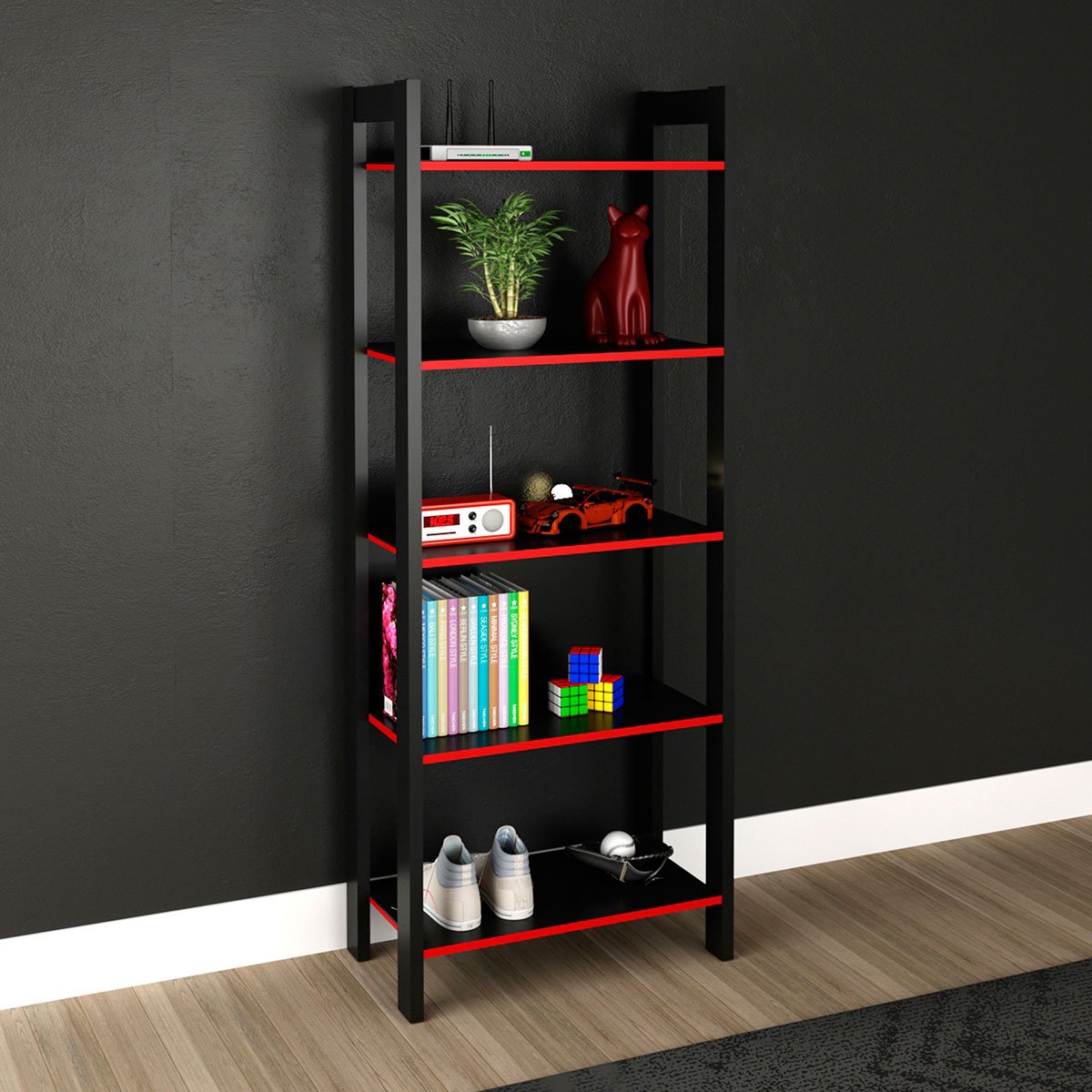 Estante Multiuso Gamer Livreiro Office 5 Prateleiras Preto/Vermelho