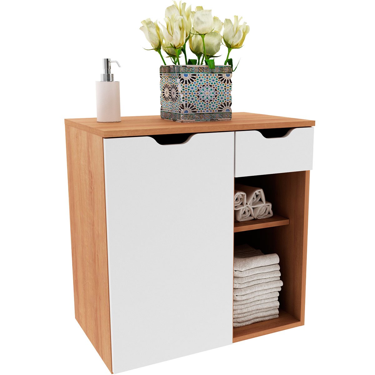 Gabinete de Banheiro 60 cm 1 Porta 1 Gaveta Romana Amêndoa/Branco