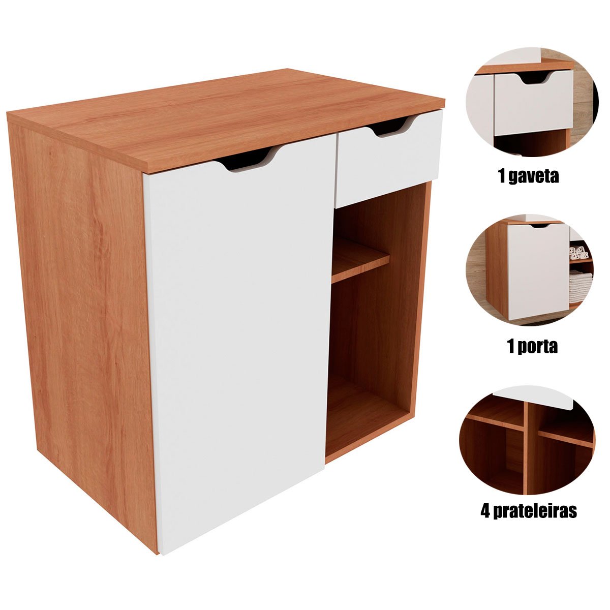 Gabinete de Banheiro 60 cm 1 Porta 1 Gaveta Romana Amêndoa/Branco