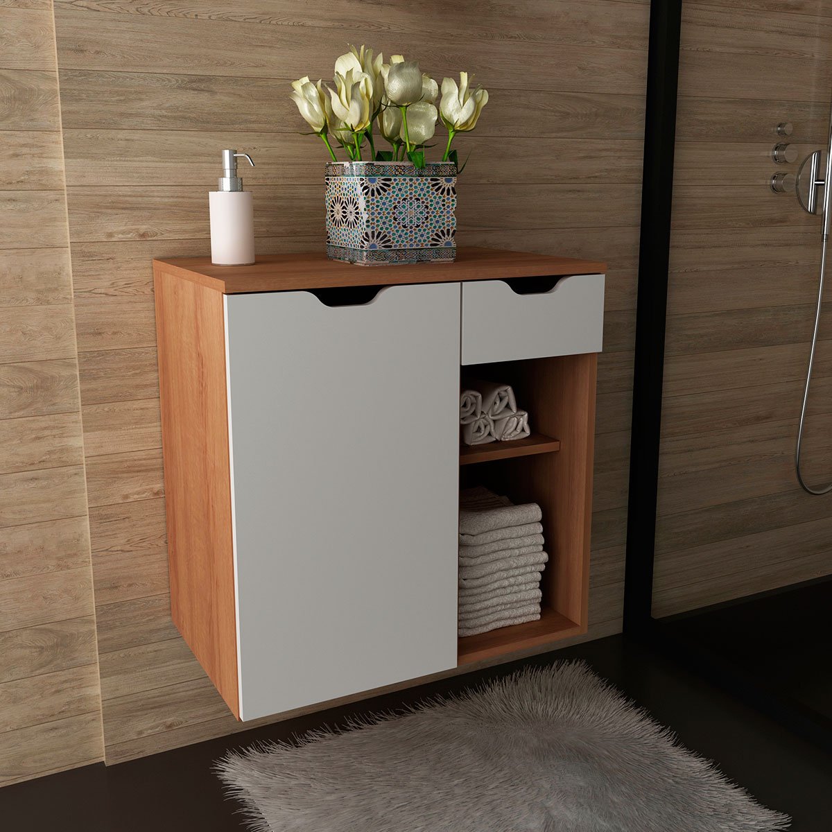 Gabinete de Banheiro 60 cm 1 Porta 1 Gaveta Romana Amêndoa/Branco