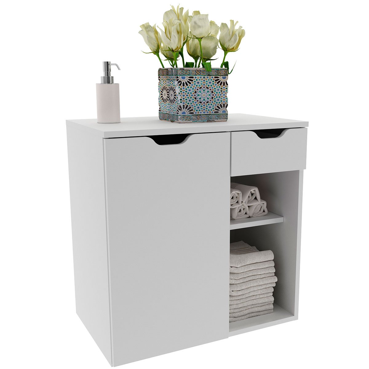 Gabinete de Banheiro 60 cm 1 Porta 1 Gaveta Romana Branco