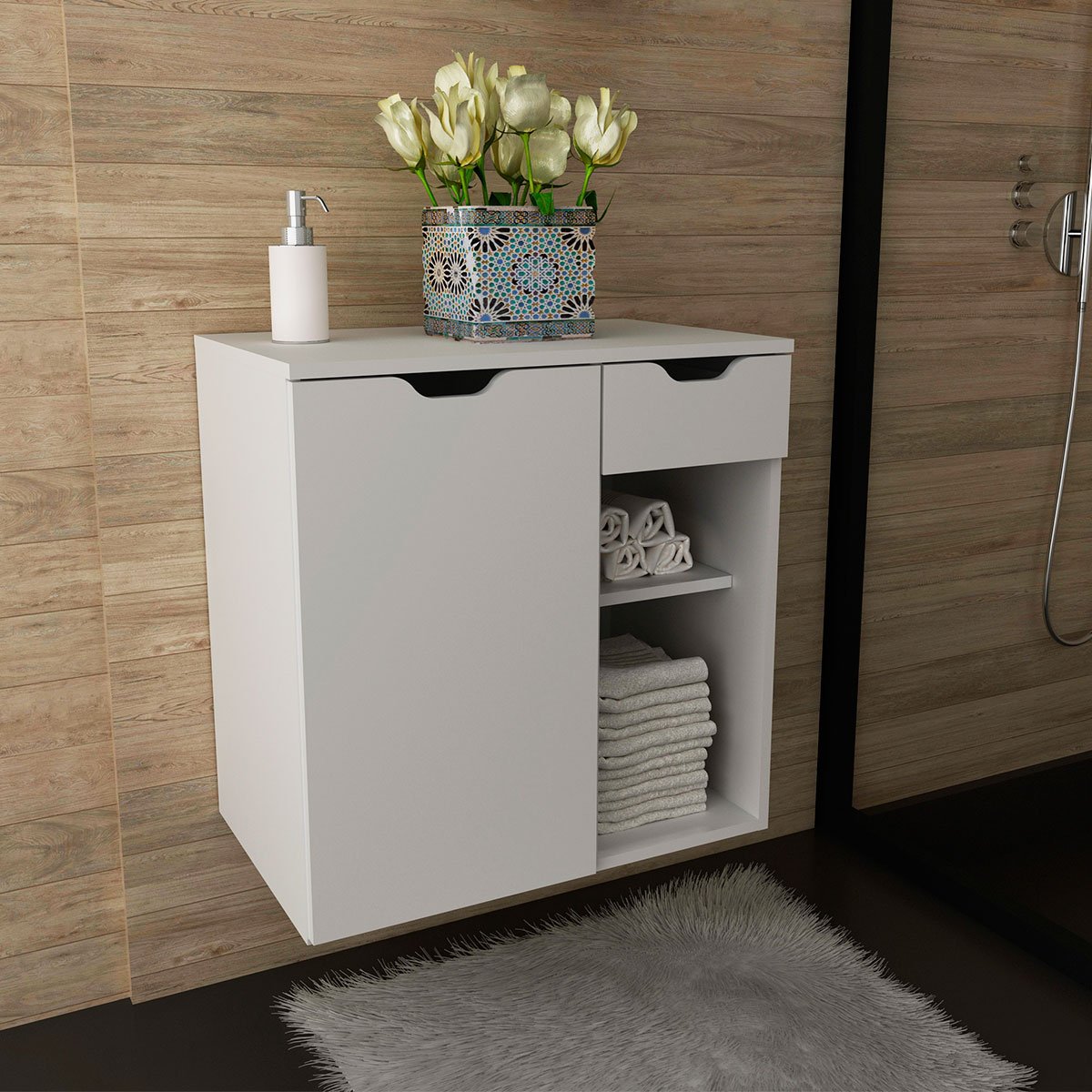 Gabinete de Banheiro 60 cm 1 Porta 1 Gaveta Romana Branco