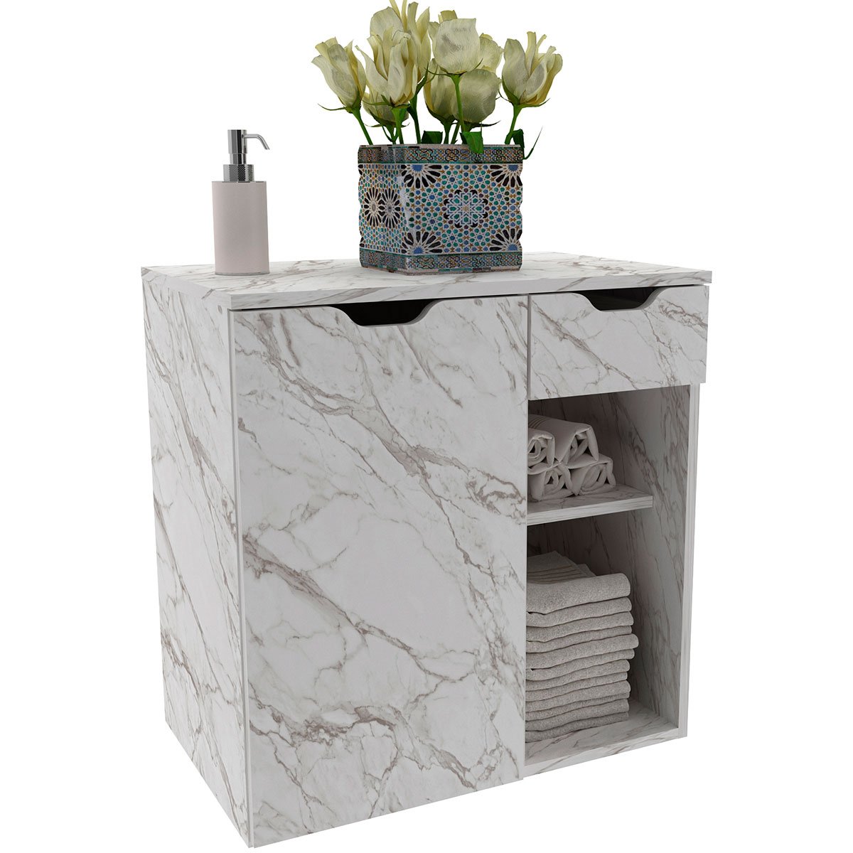 Gabinete de Banheiro 60 cm 1 Porta 1 Gaveta Romana Mármore Branco