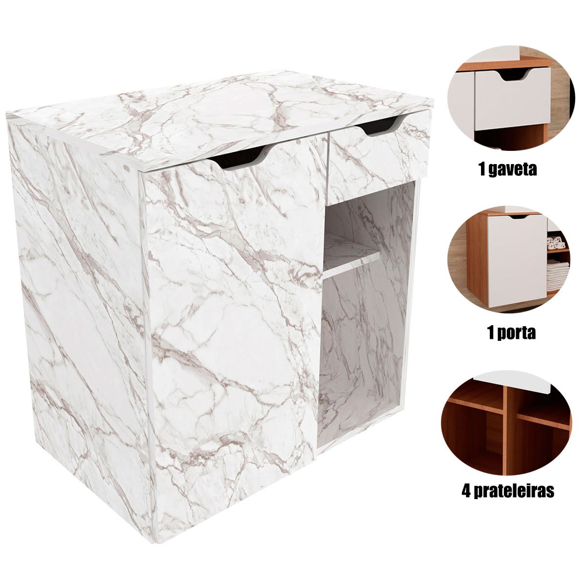 Gabinete de Banheiro 60 cm 1 Porta 1 Gaveta Romana Mármore Branco