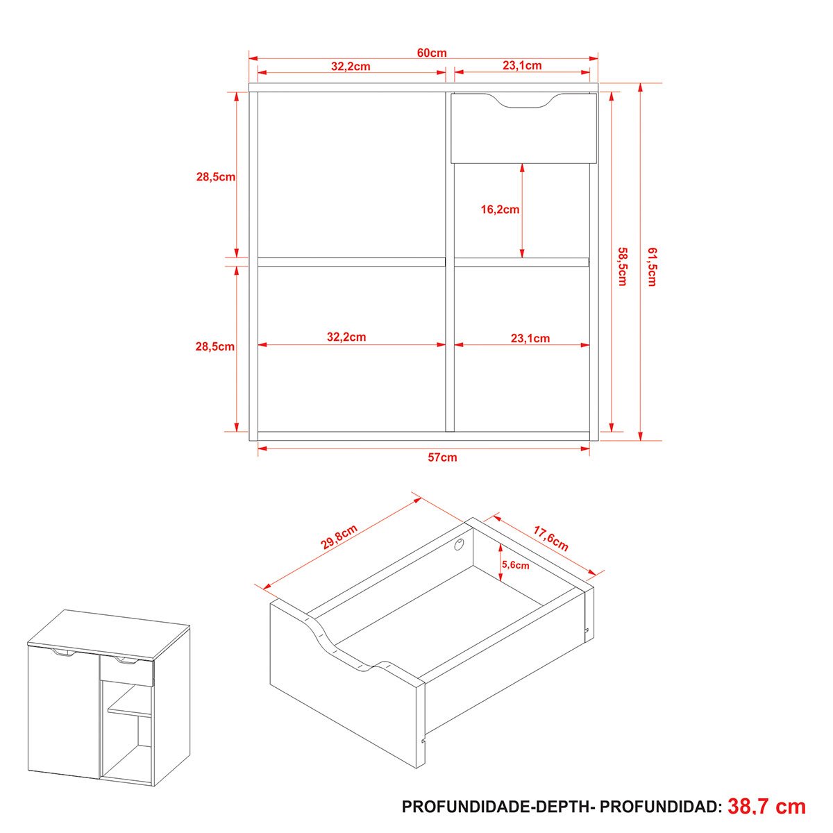 Gabinete de Banheiro 60 cm 1 Porta 1 Gaveta Romana Mármore Branco