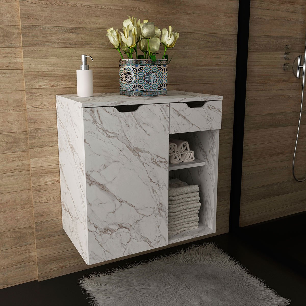 Gabinete de Banheiro 60 cm 1 Porta 1 Gaveta Romana Mármore Branco