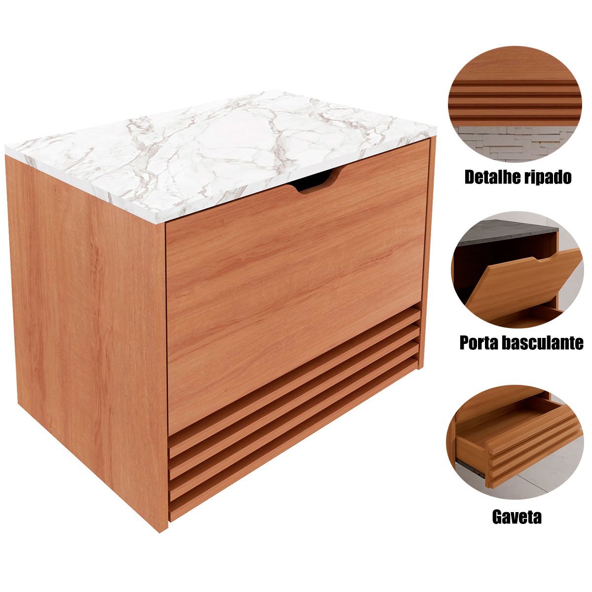 Gabinete de Banheiro 60 cm 1 Porta 1 Gaveta Sâmia Amêndoa/Mármore Branco
