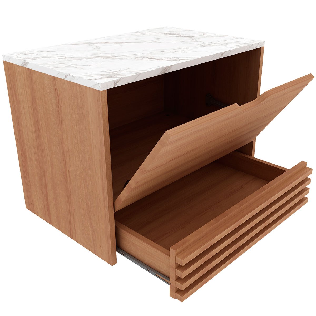 Gabinete de Banheiro 60 cm 1 Porta 1 Gaveta Sâmia Amêndoa/Mármore Branco