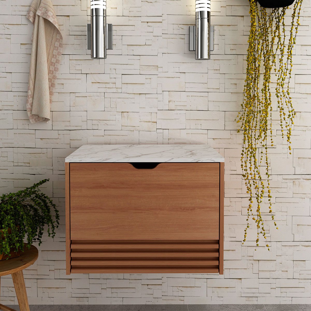 Gabinete de Banheiro 60 cm 1 Porta 1 Gaveta Sâmia Amêndoa/Mármore Branco