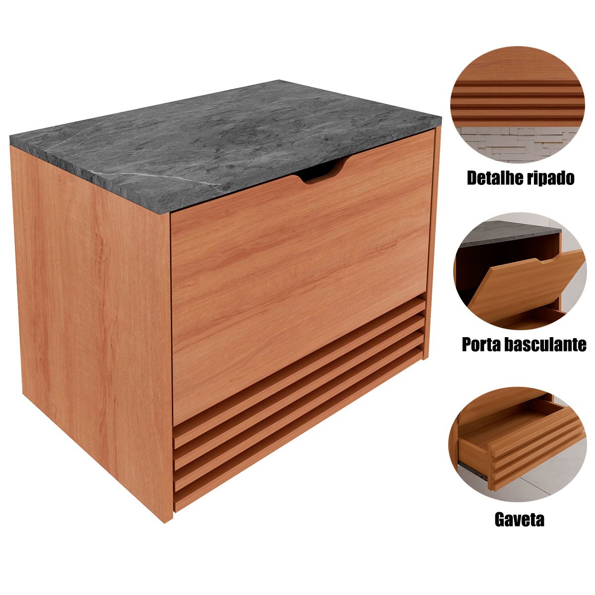 Gabinete de Banheiro 60 cm 1 Porta 1 Gaveta Sâmia Amêndoa/Mármore Lunar
