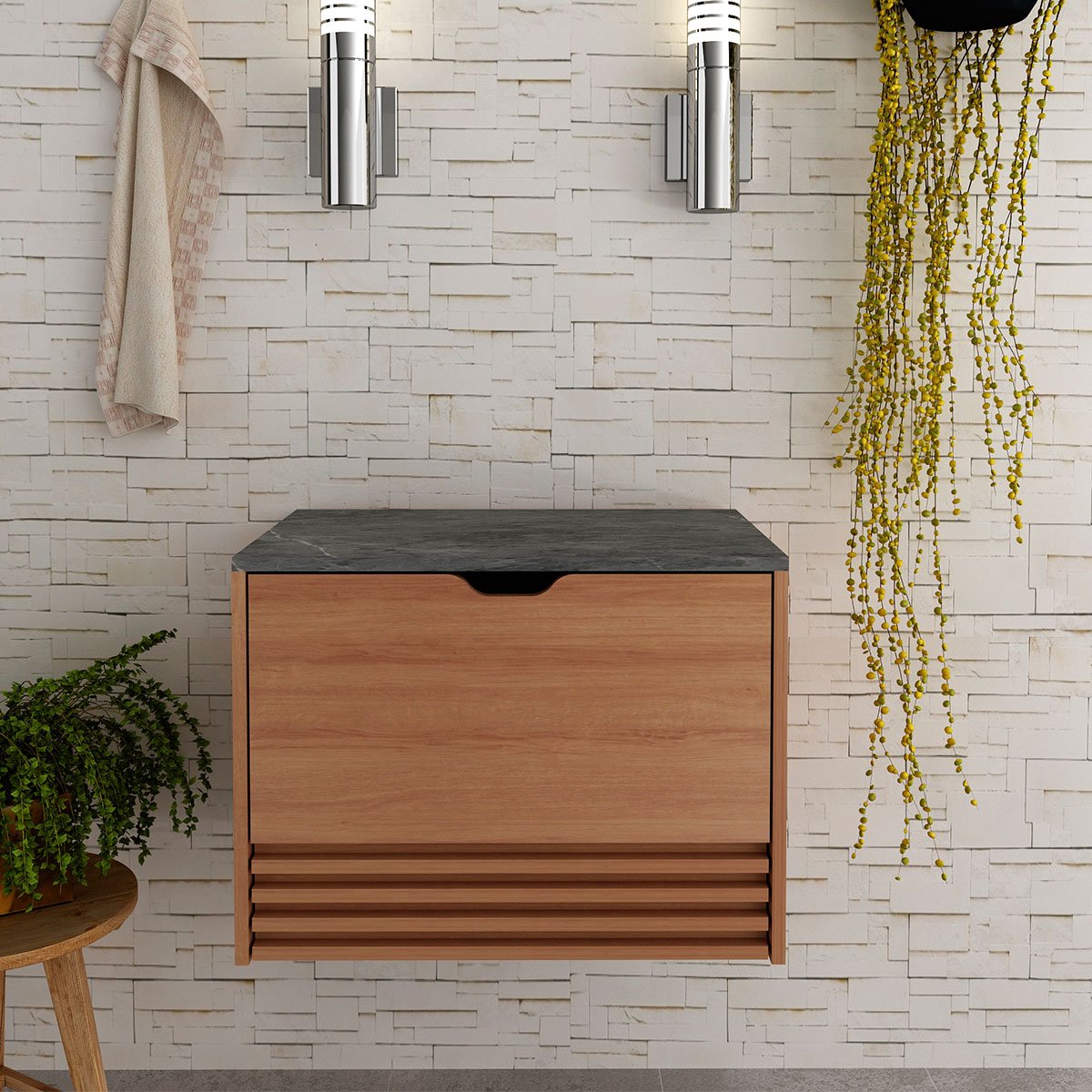 Gabinete de Banheiro 60 cm 1 Porta 1 Gaveta Sâmia Amêndoa/Mármore Lunar
