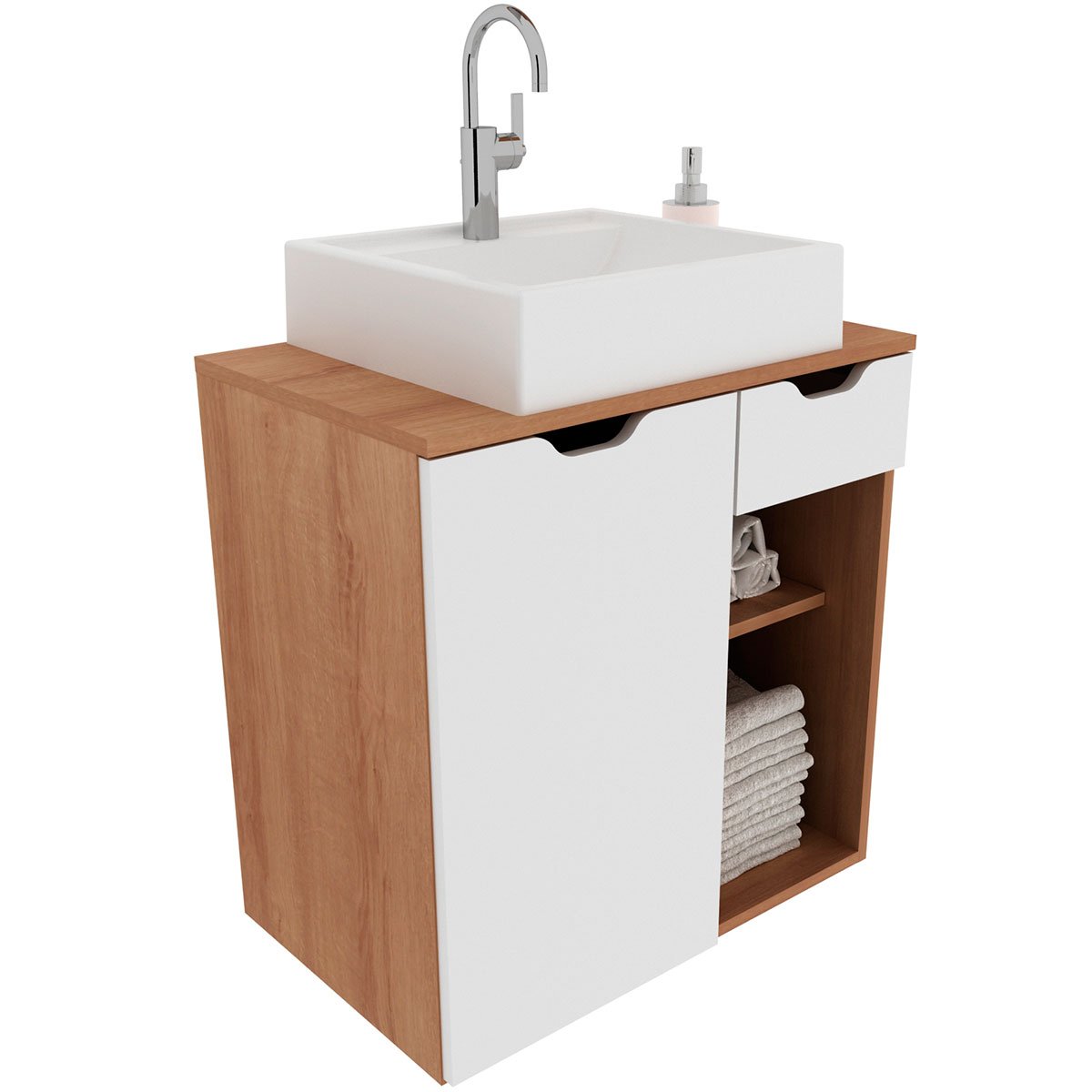 Gabinete de Banheiro 60 cm 1 Porta com Cuba Romana Amêndoa/Branco