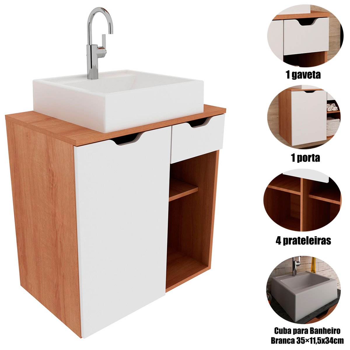 Gabinete de Banheiro 60 cm 1 Porta com Cuba Romana Amêndoa/Branco