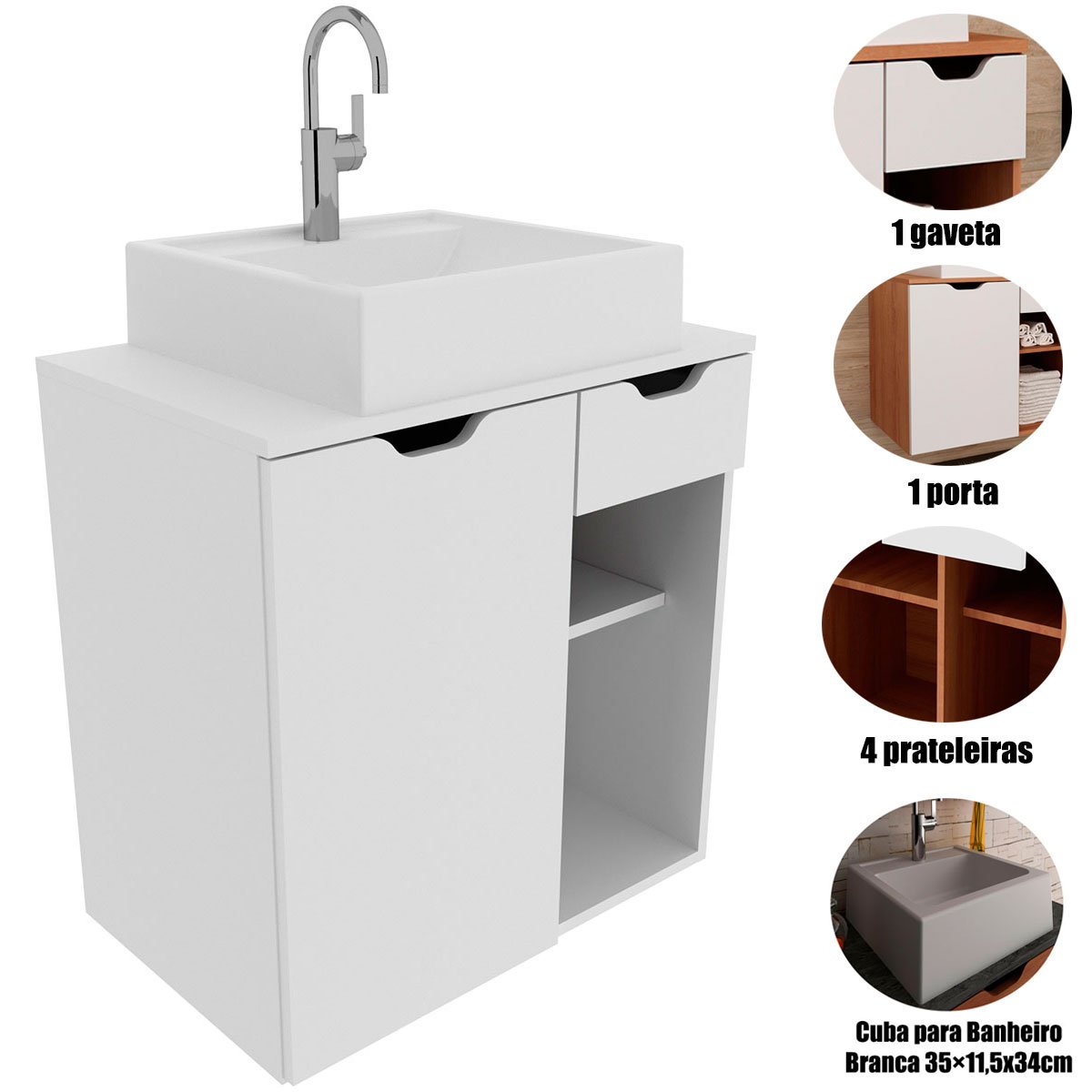 Gabinete de Banheiro 60 cm 1 Porta com Cuba Romana Branco