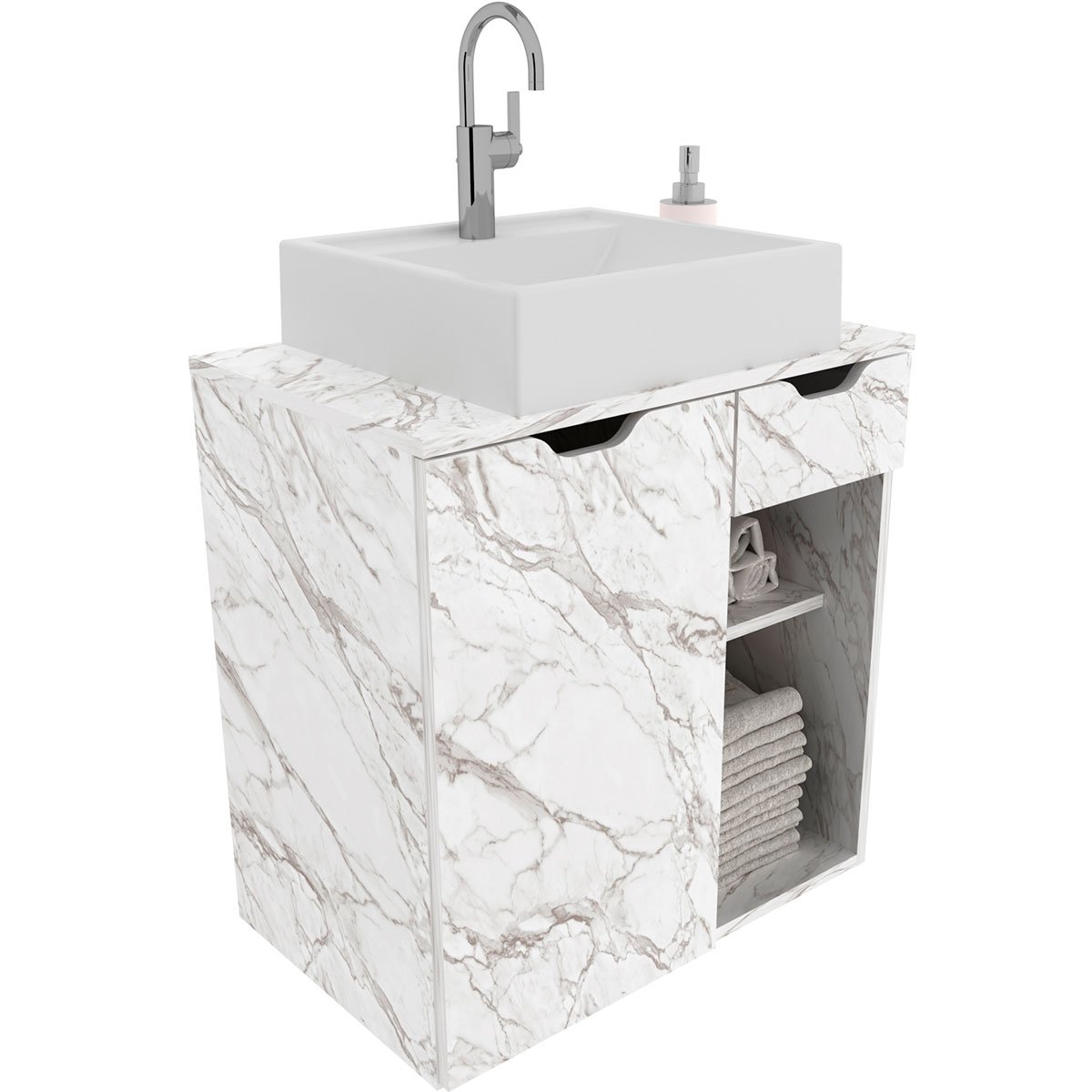 Gabinete de Banheiro 60 cm 1 Porta com Cuba Romana Mármore Branco