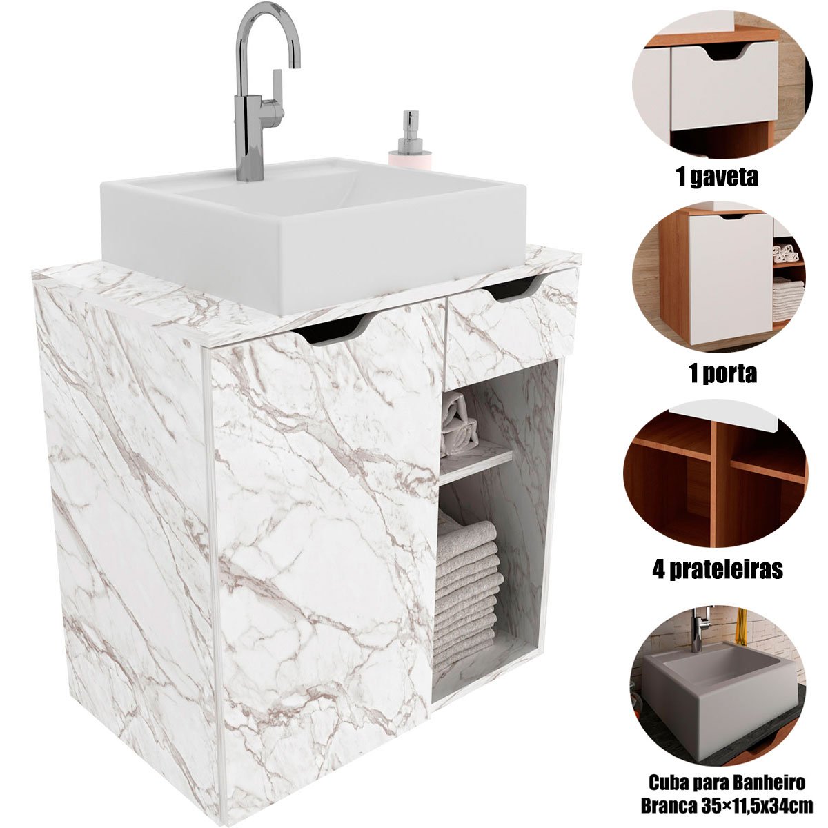 Gabinete de Banheiro 60 cm 1 Porta com Cuba Romana Mármore Branco