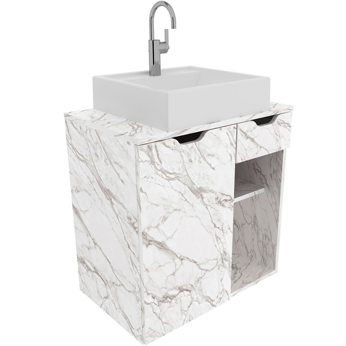 Gabinete de Banheiro 60 cm 1 Porta com Cuba Romana Mármore Branco