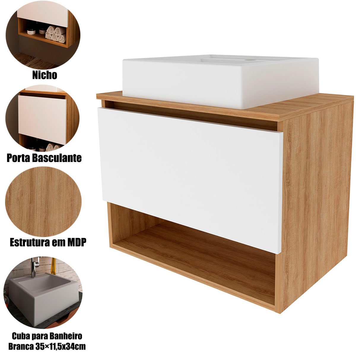 Gabinete de Banheiro 60 cm 1 Porta com Cuba Valente Amêndoa/Branco