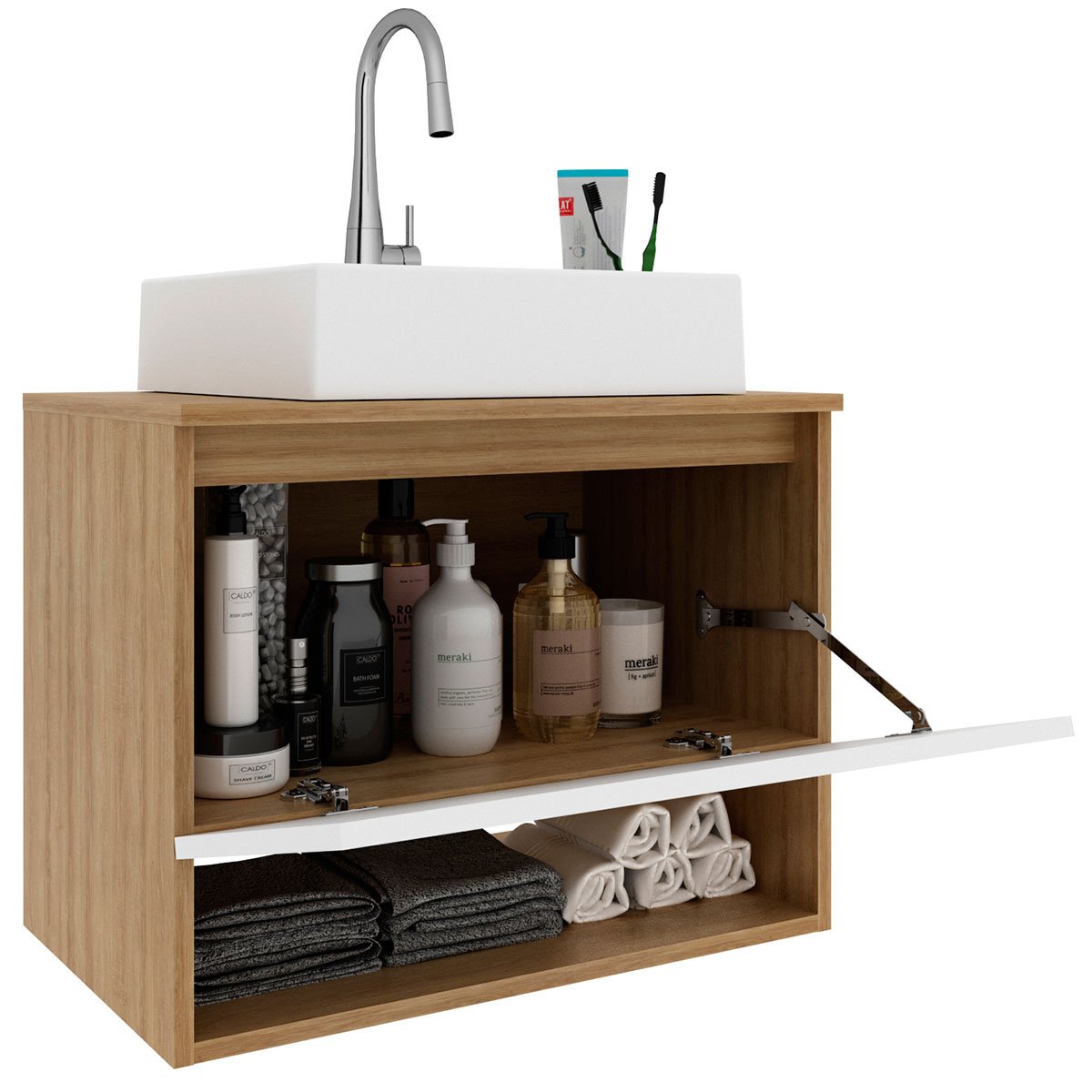 Gabinete de Banheiro 60 cm 1 Porta com Cuba Valente Amêndoa/Branco