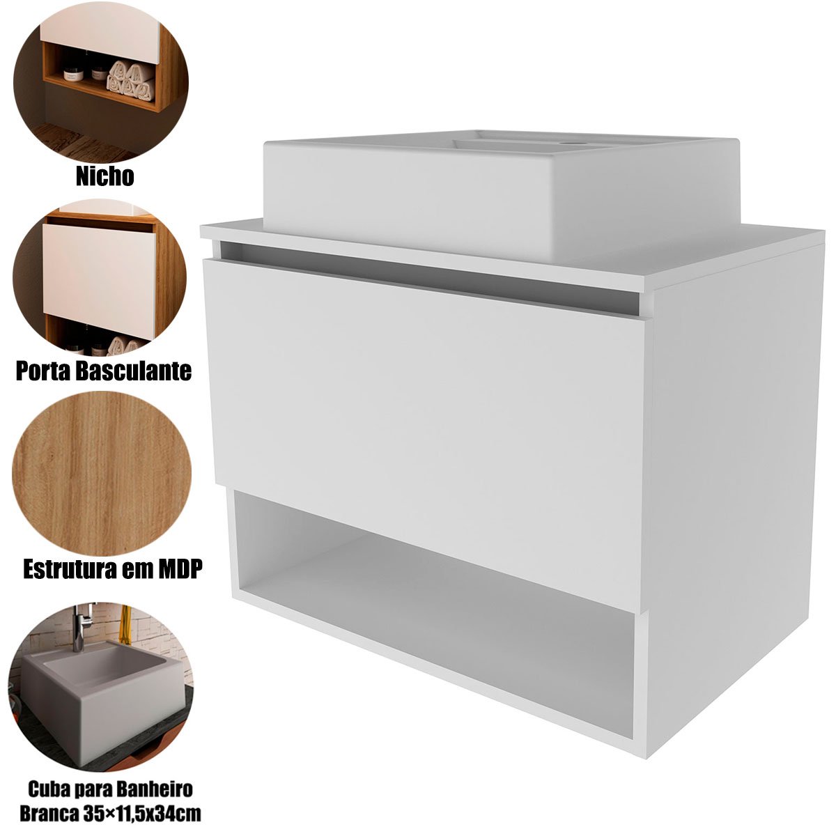 Gabinete de Banheiro 60 cm 1 Porta com Cuba Valente Branco