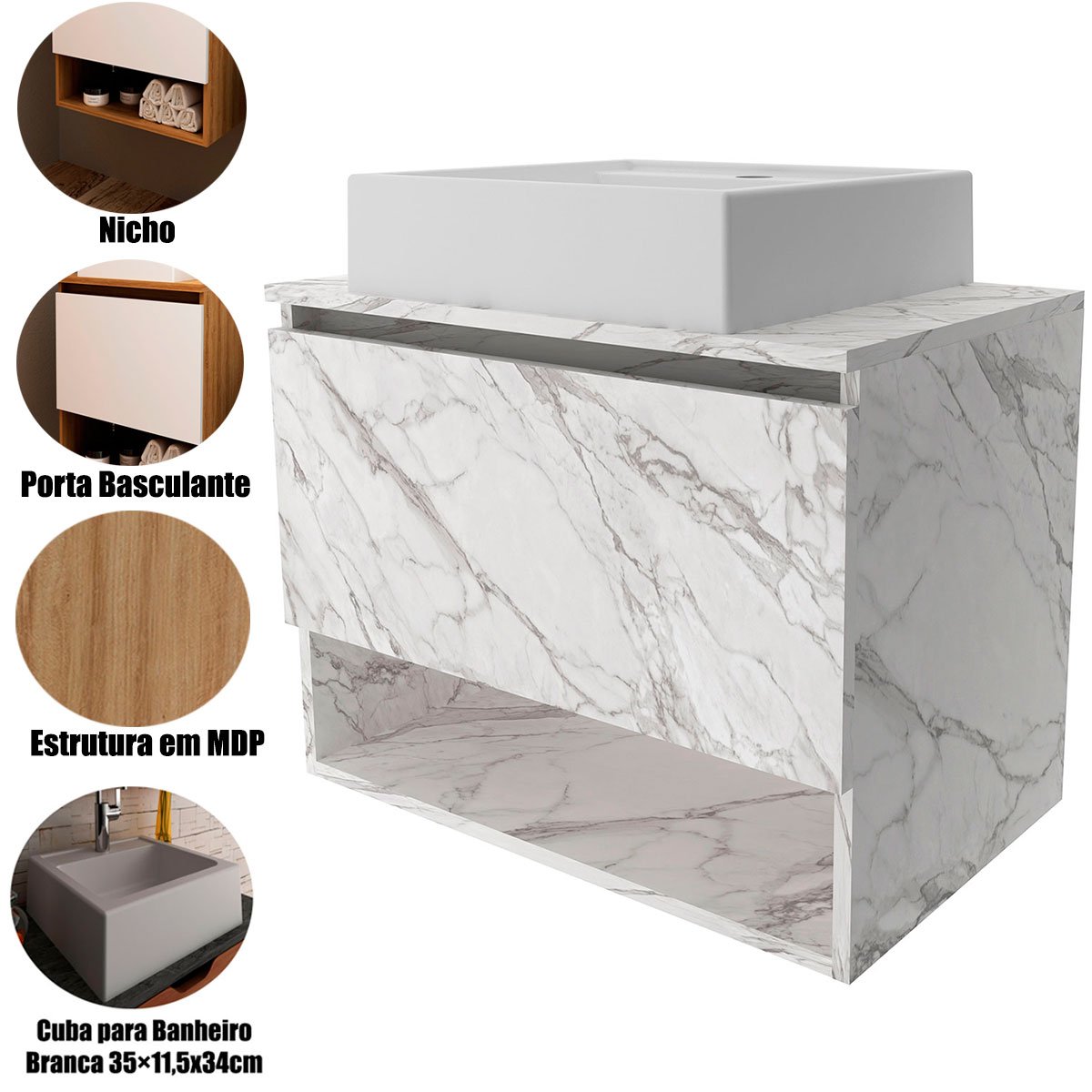 Gabinete de Banheiro 60 cm 1 Porta com Cuba Valente Mármore Branco