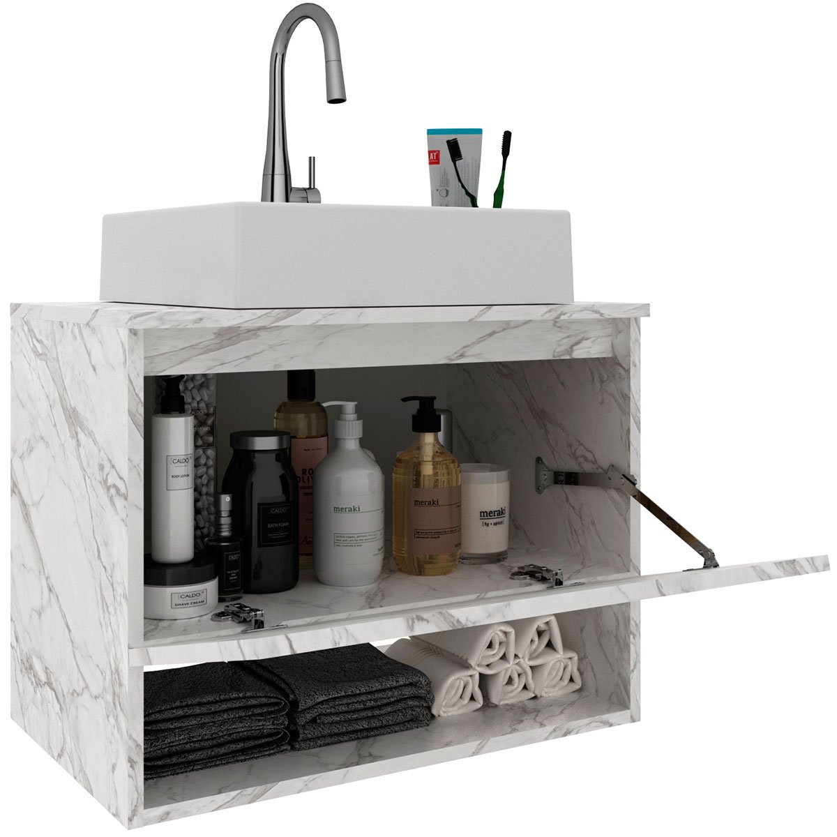 Gabinete de Banheiro 60 cm 1 Porta com Cuba Valente Mármore Branco