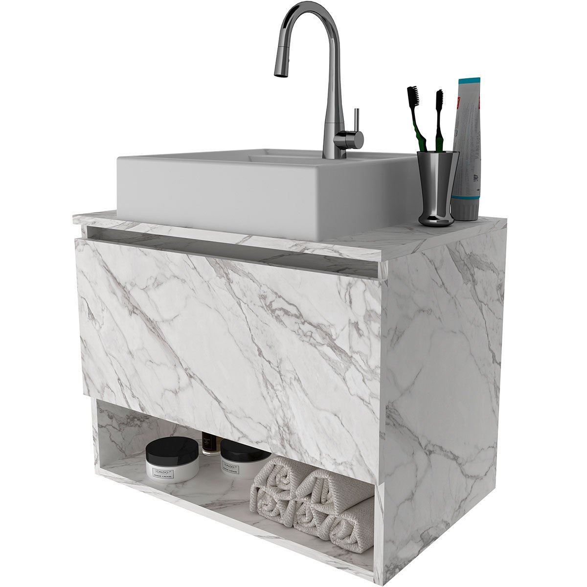 Gabinete de Banheiro 60 cm 1 Porta com Cuba Valente Mármore Branco