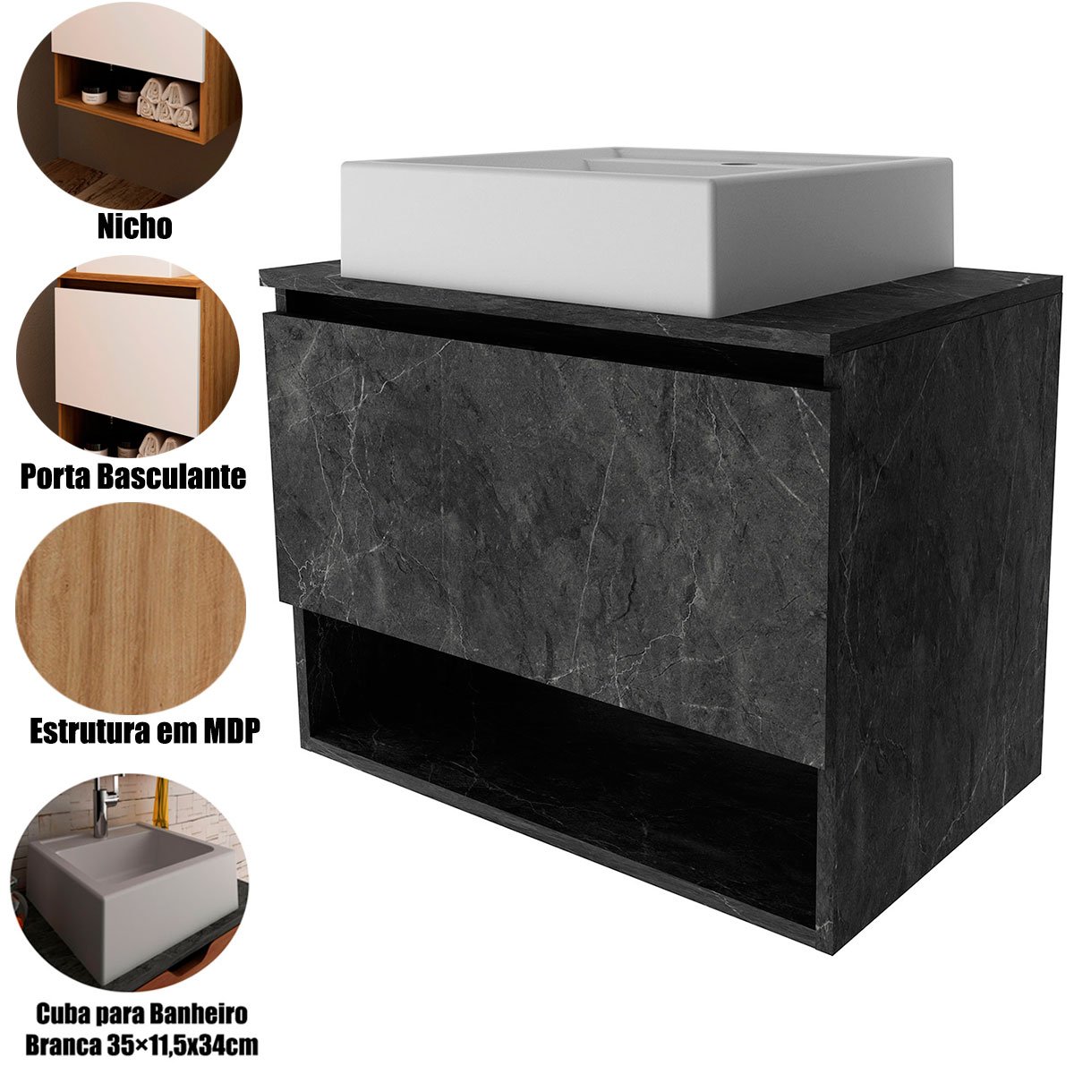 Gabinete de Banheiro 60 cm 1 Porta com Cuba Valente Mármore Lunar